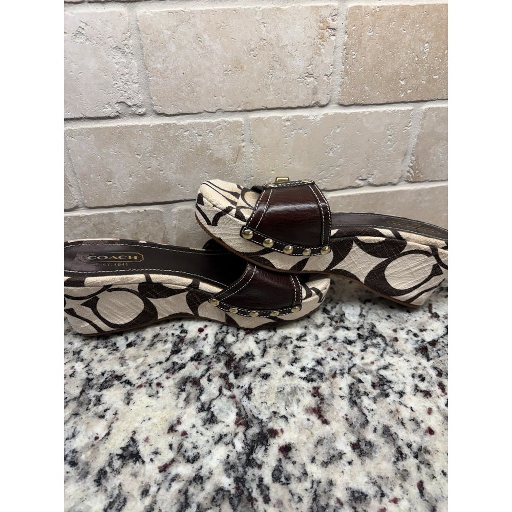 Vintage Y2KCoach Emilie Monogram Wedge Mules Sandals Brown Leather Turlock  6.5M - Picture 7 of 9